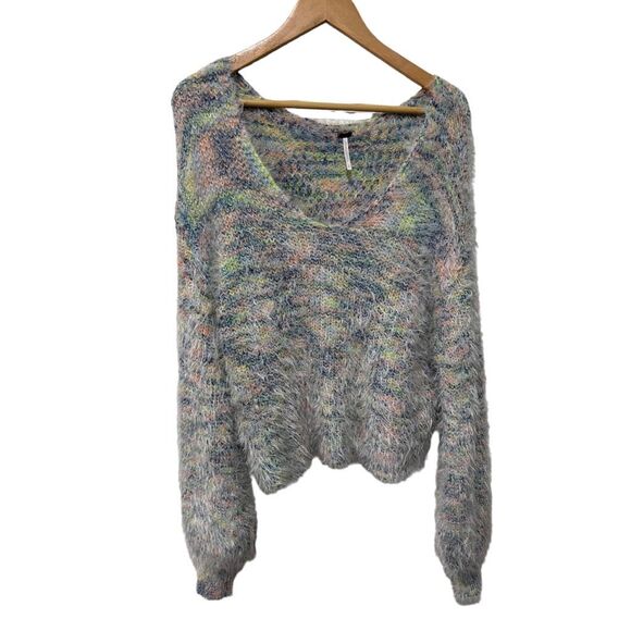Free People Gelato Pull Over V-Neck Eyelash Sweater Multicolored oversized S - Picture 1 of 13